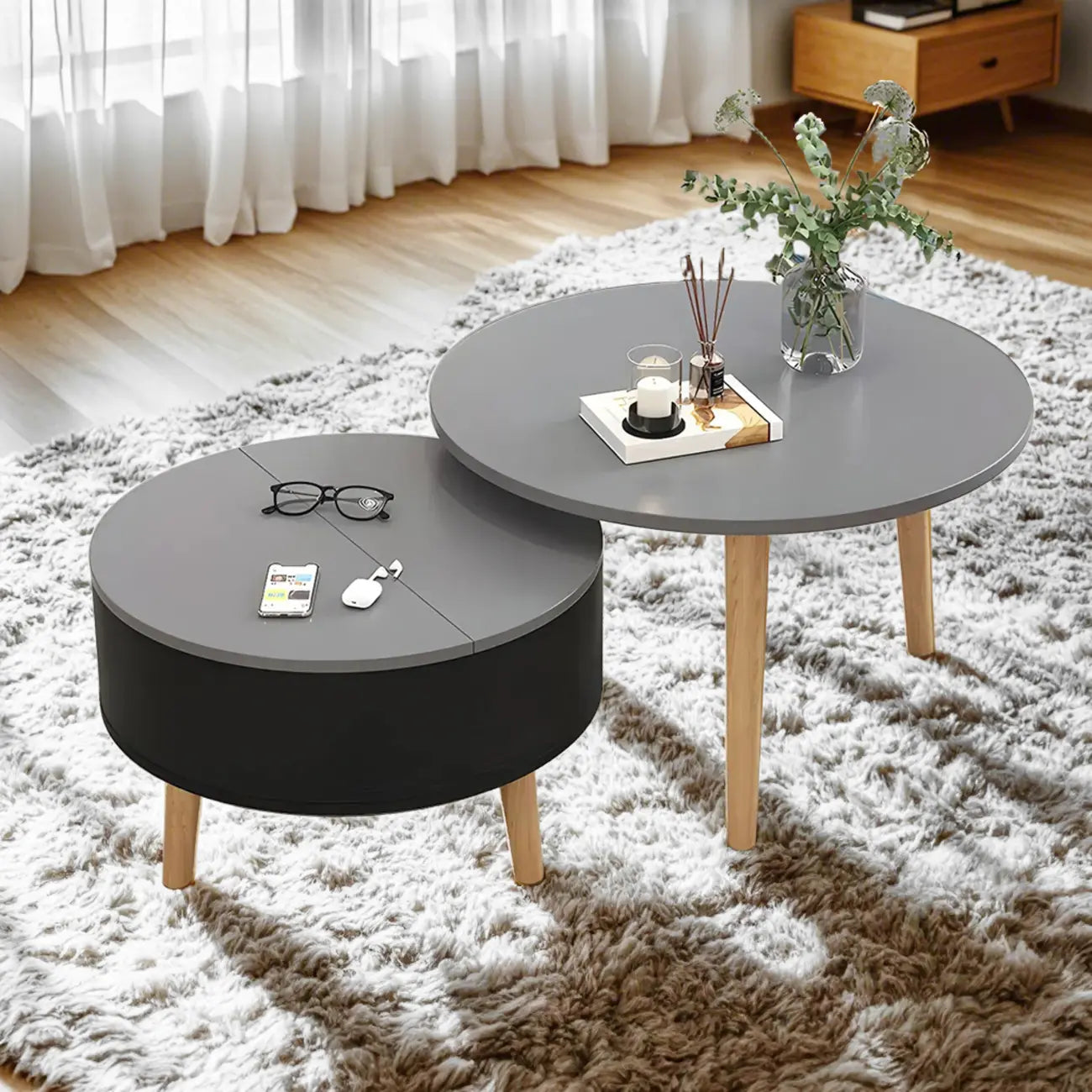 Table basse ronde moderne en bois noir et blanc avec rangement