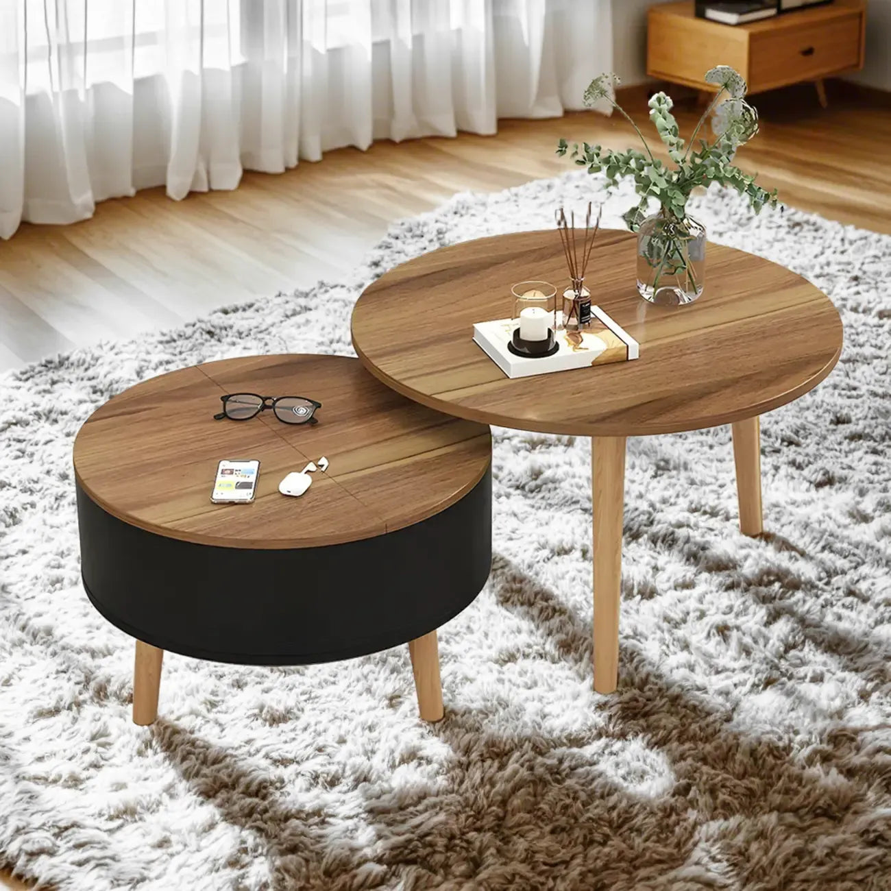 Table basse ronde moderne en bois noir et blanc avec rangement