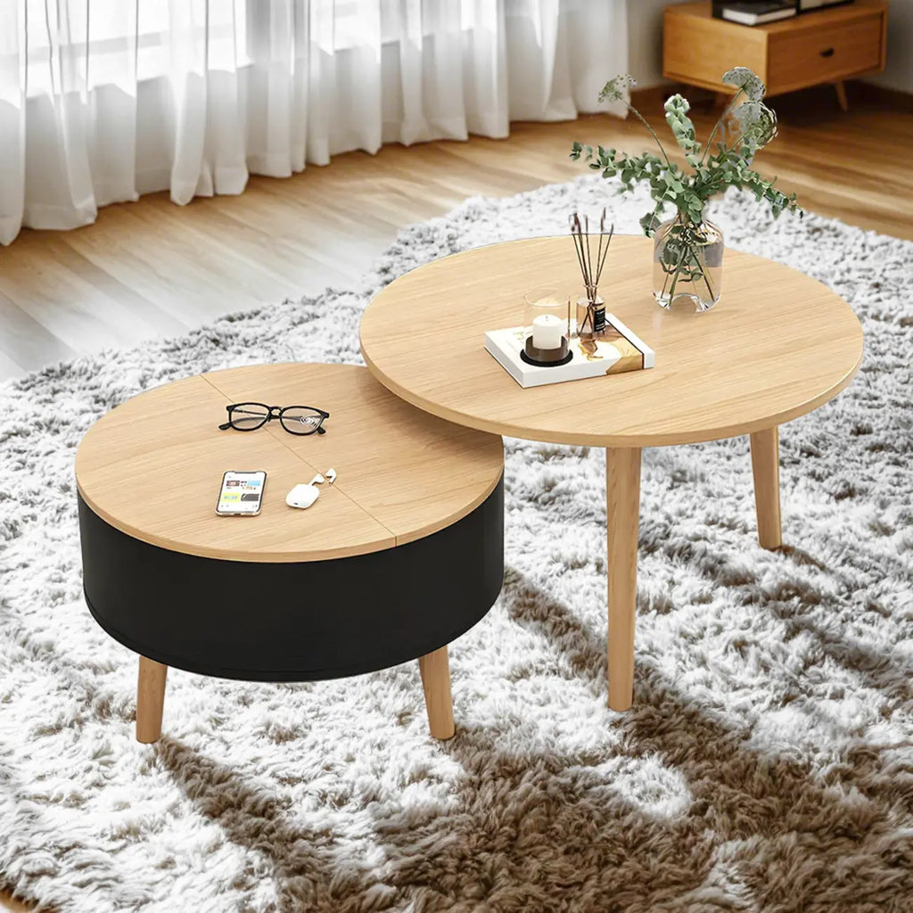 Table basse ronde moderne en bois noir et blanc avec rangement