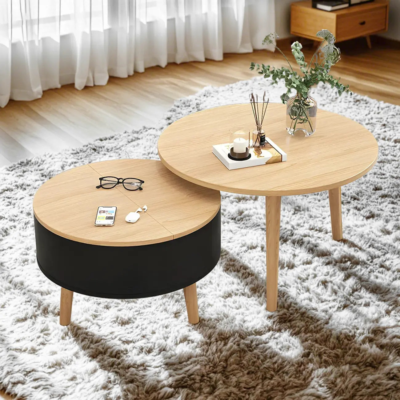 Table basse ronde moderne en bois noir et blanc avec rangement