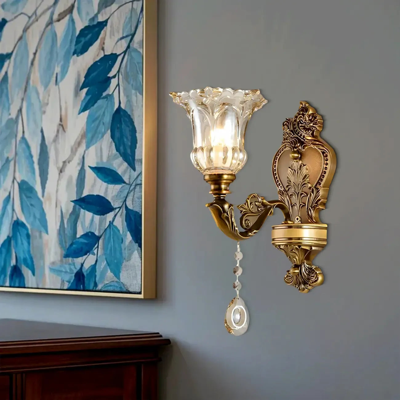 Applique murale vintage en laiton, verre et cristal en forme de fleur