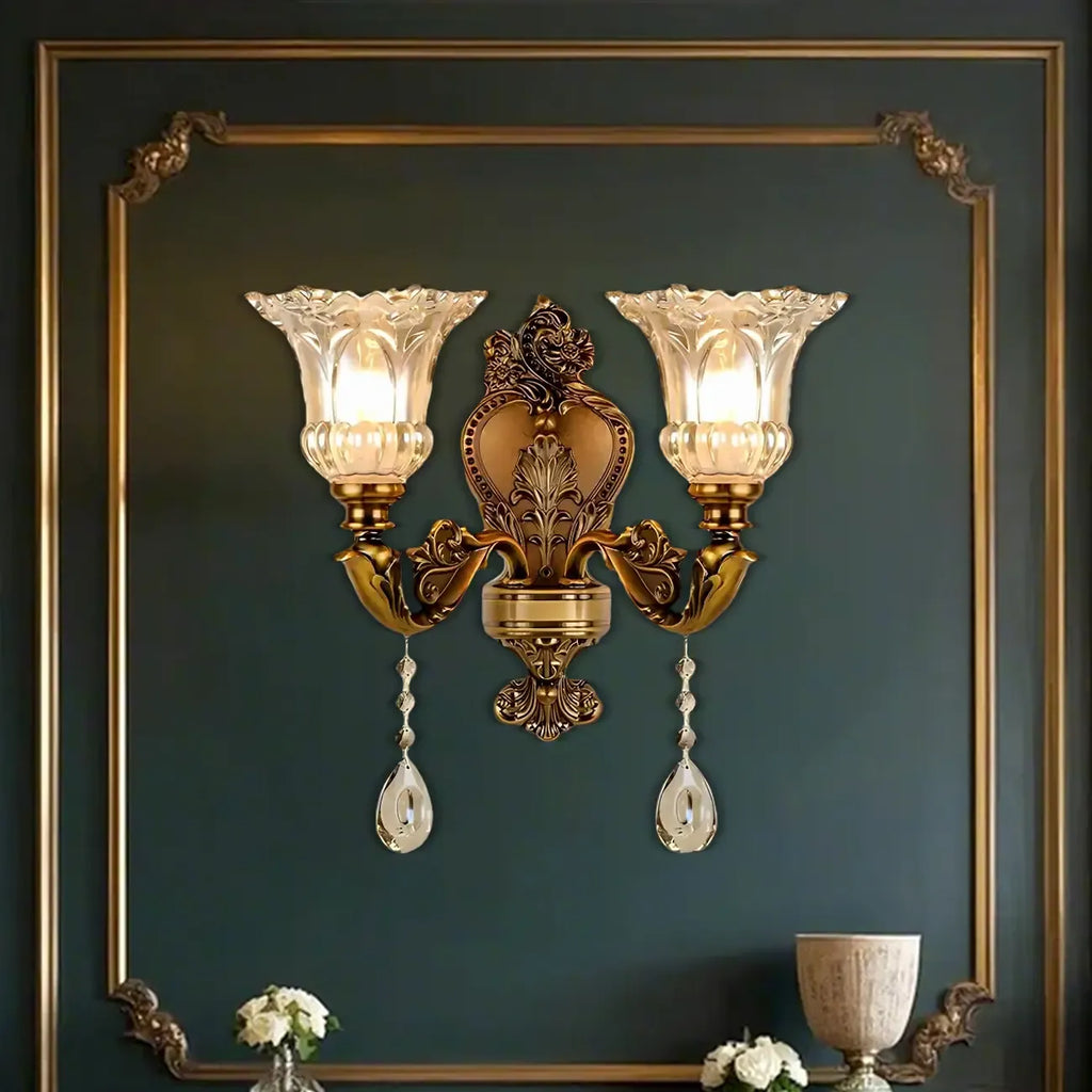 Applique murale vintage en laiton, verre et cristal en forme de fleur