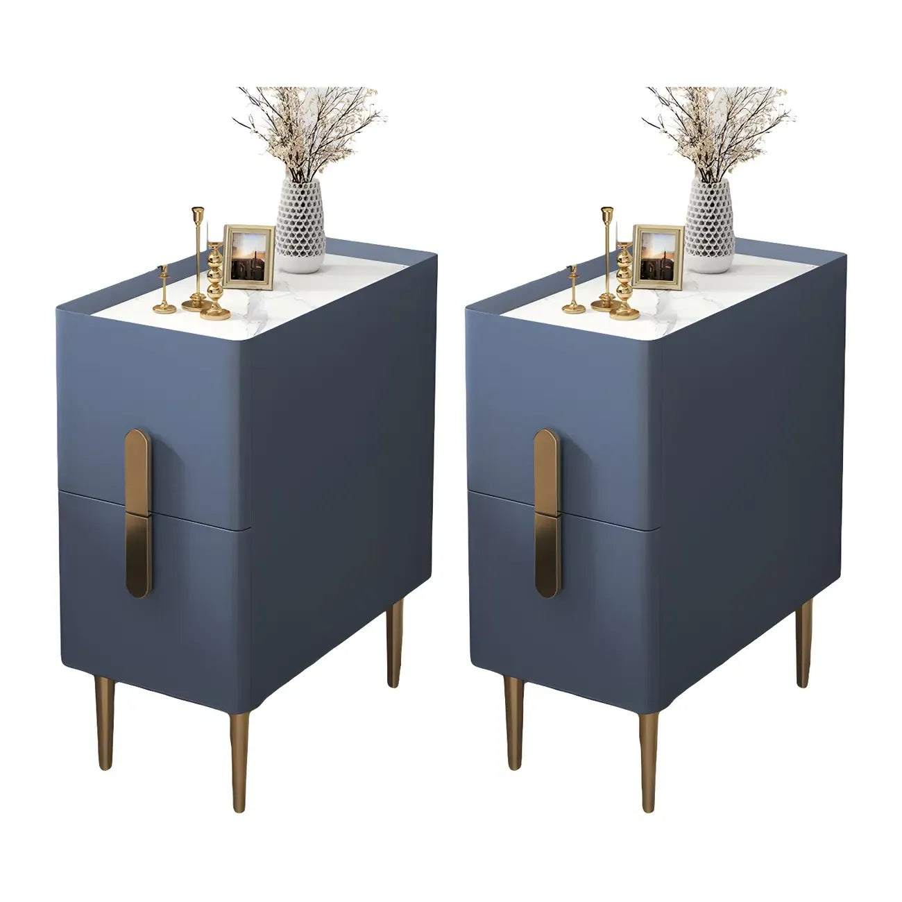 Table de chevet moderne avec comptoir en pierre, revêtement en similicuir et 2 tiroirs