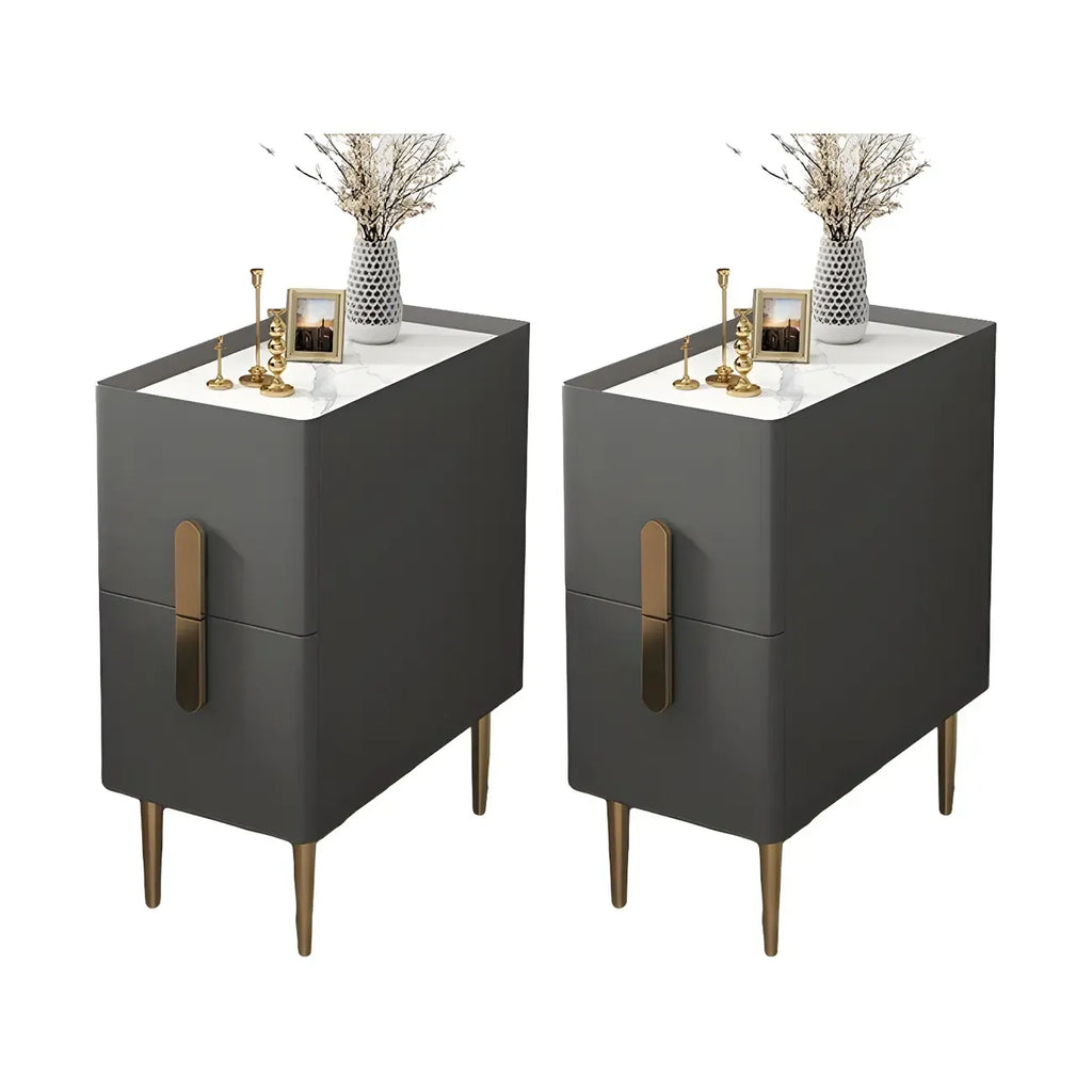 Table de chevet moderne avec comptoir en pierre, revêtement en similicuir et 2 tiroirs