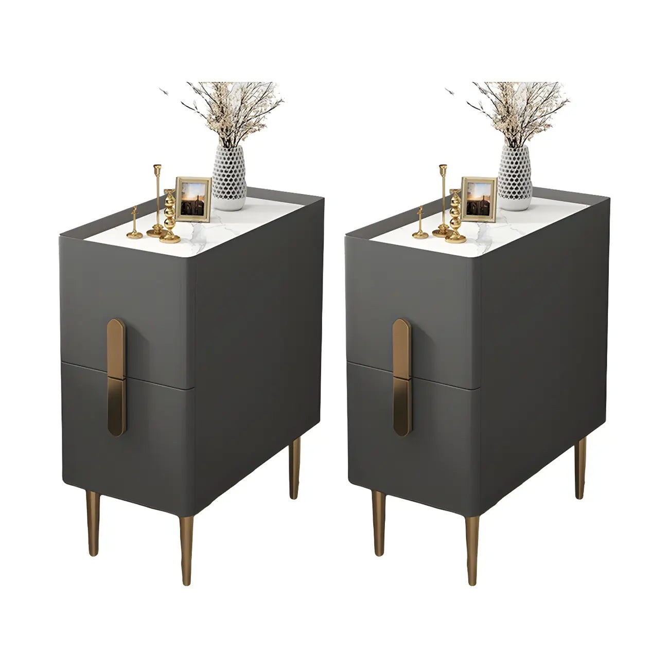 Table de chevet moderne avec comptoir en pierre, revêtement en similicuir et 2 tiroirs