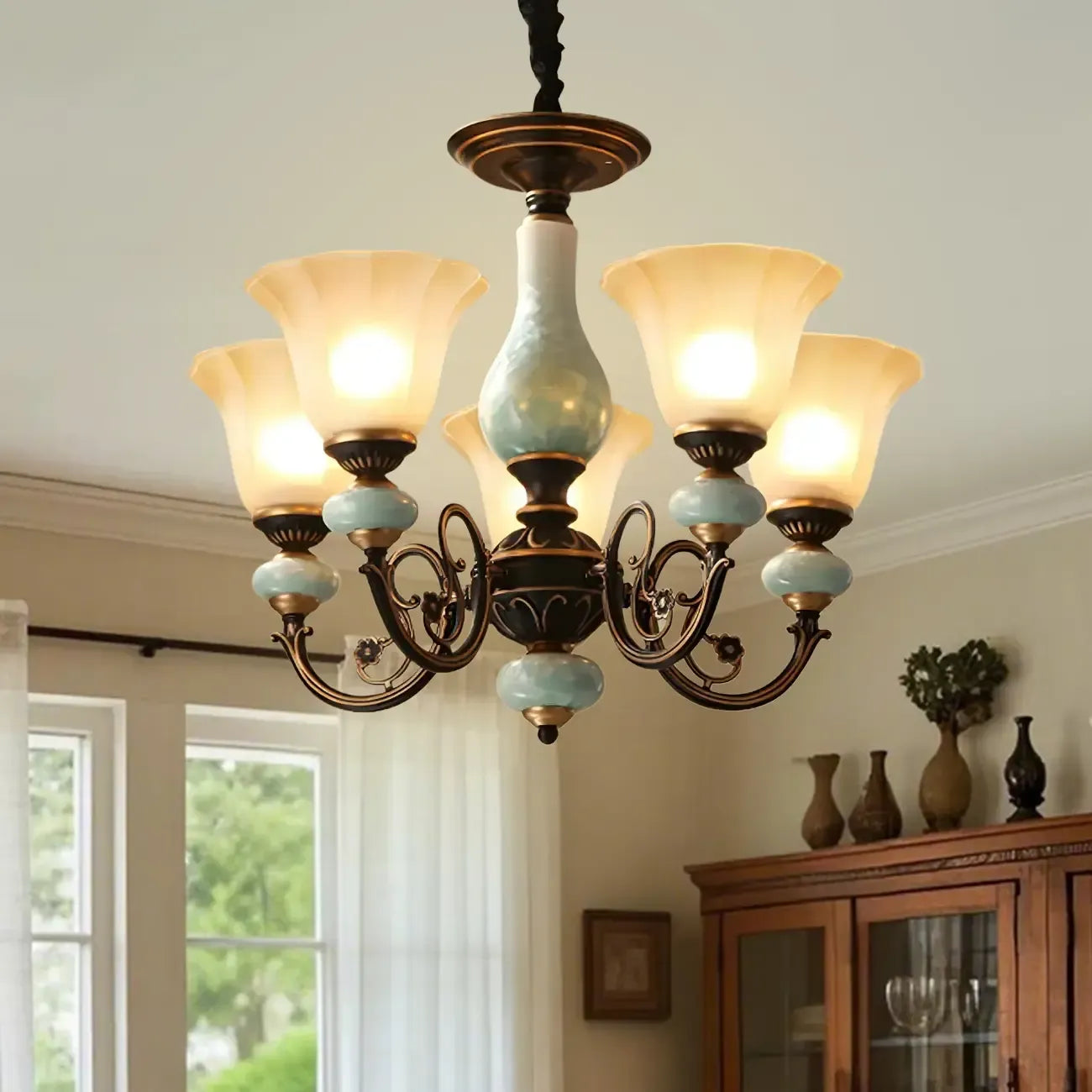 Lustre en forme de cloche en céramique vert rouille pour salle à manger vintage