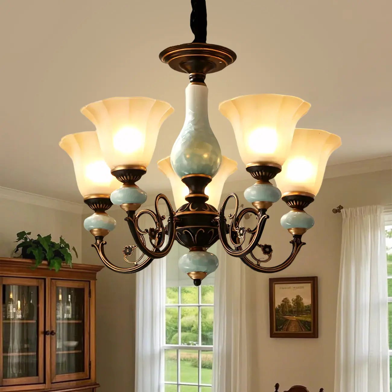 Lustre en forme de cloche en céramique vert rouille pour salle à manger vintage