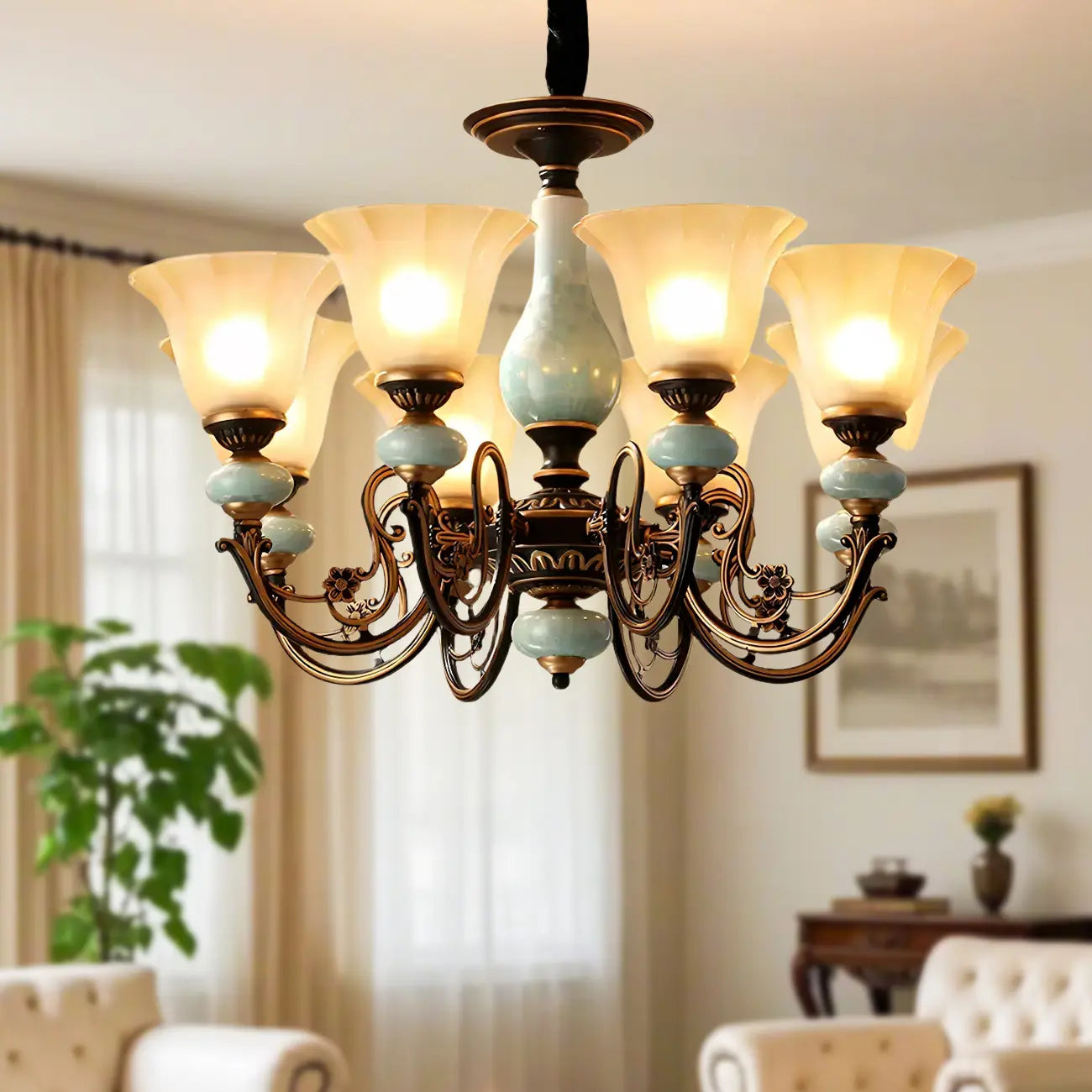 Lustre en forme de cloche en céramique vert rouille pour salle à manger vintage