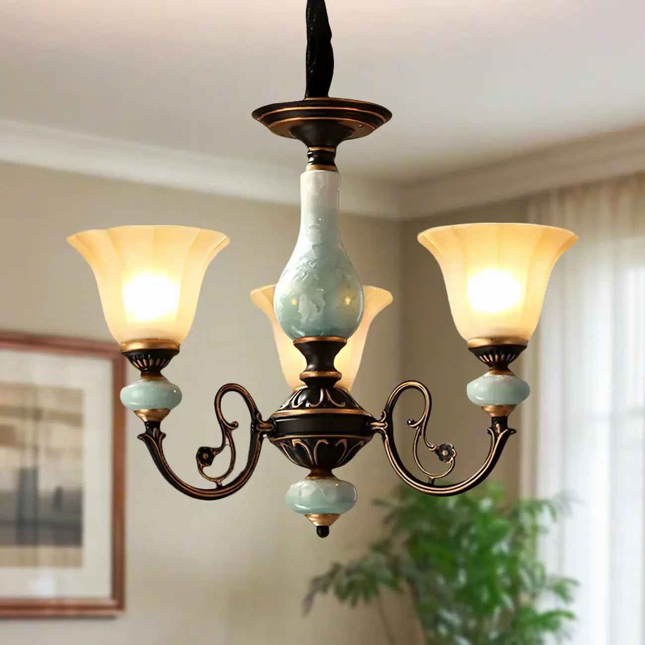 Lustre en forme de cloche en céramique vert rouille pour salle à manger vintage