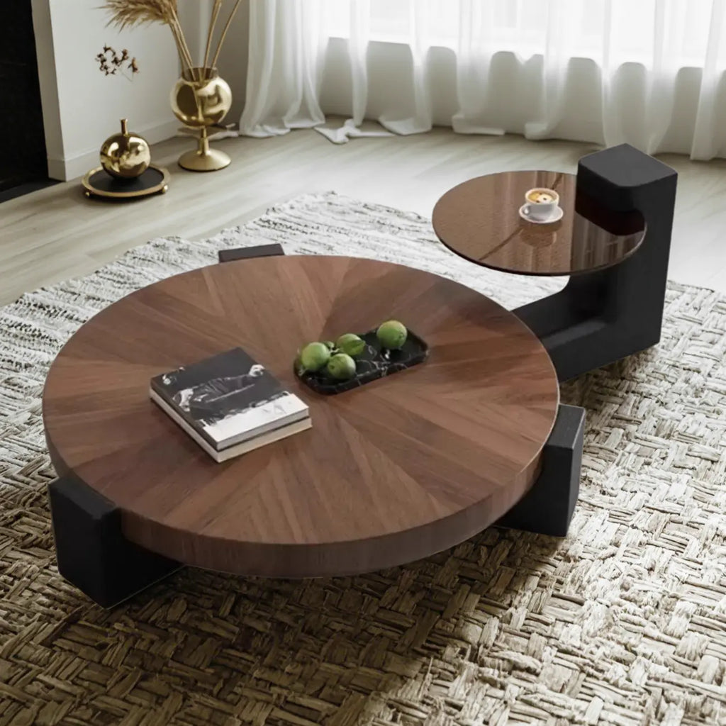 Table basse ronde moderne en bois et plateau en verre