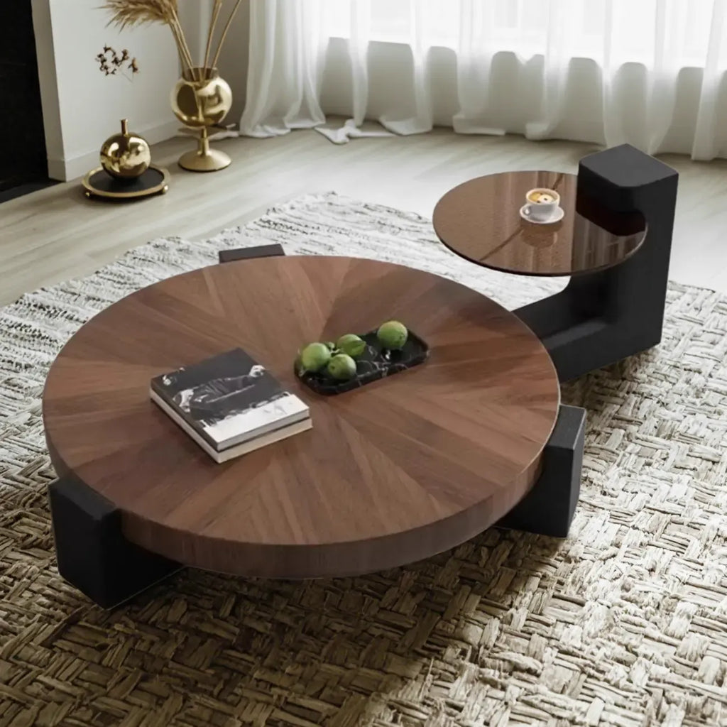 Table basse ronde moderne en bois et plateau en verre
