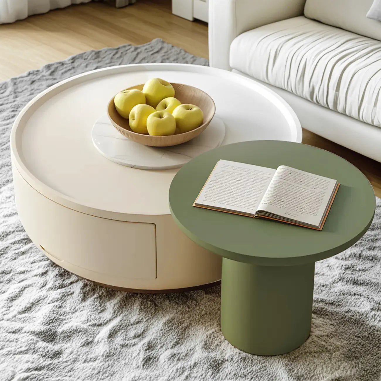 Table basse ronde moderne en bois blanc