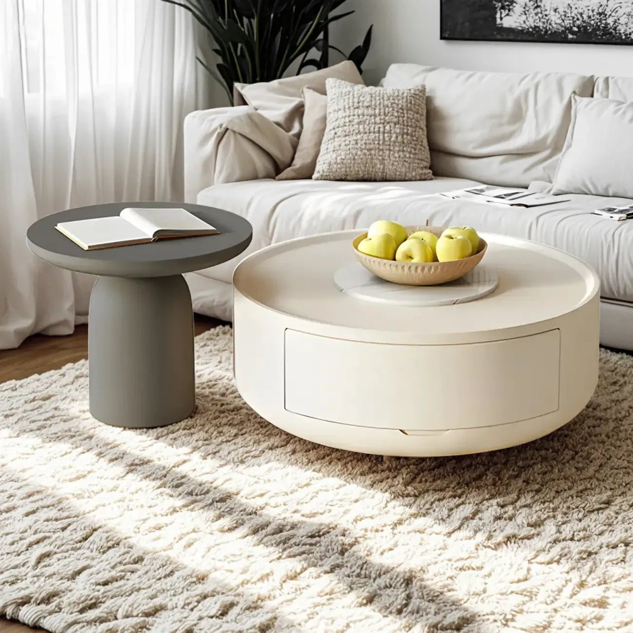 Table basse ronde moderne en bois blanc