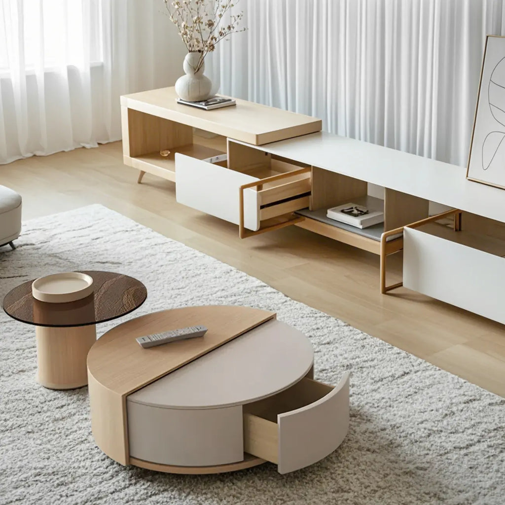 Table basse ronde nordique en bois naturel avec rangement