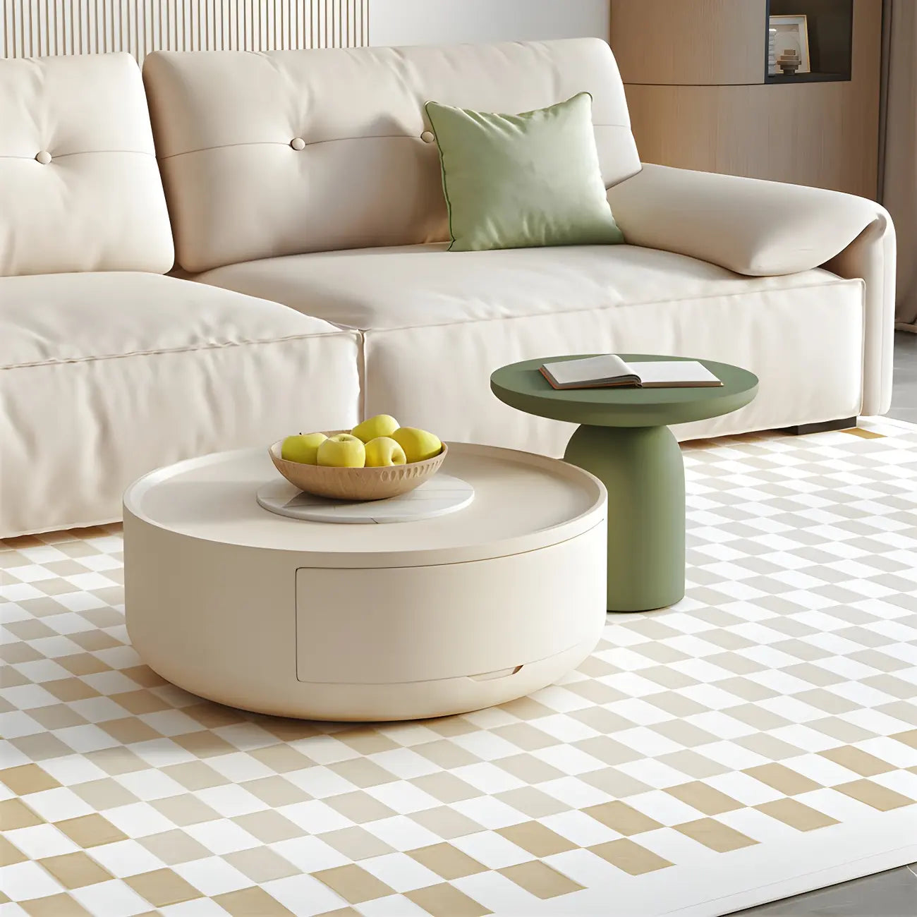 Table basse ronde moderne en bois blanc