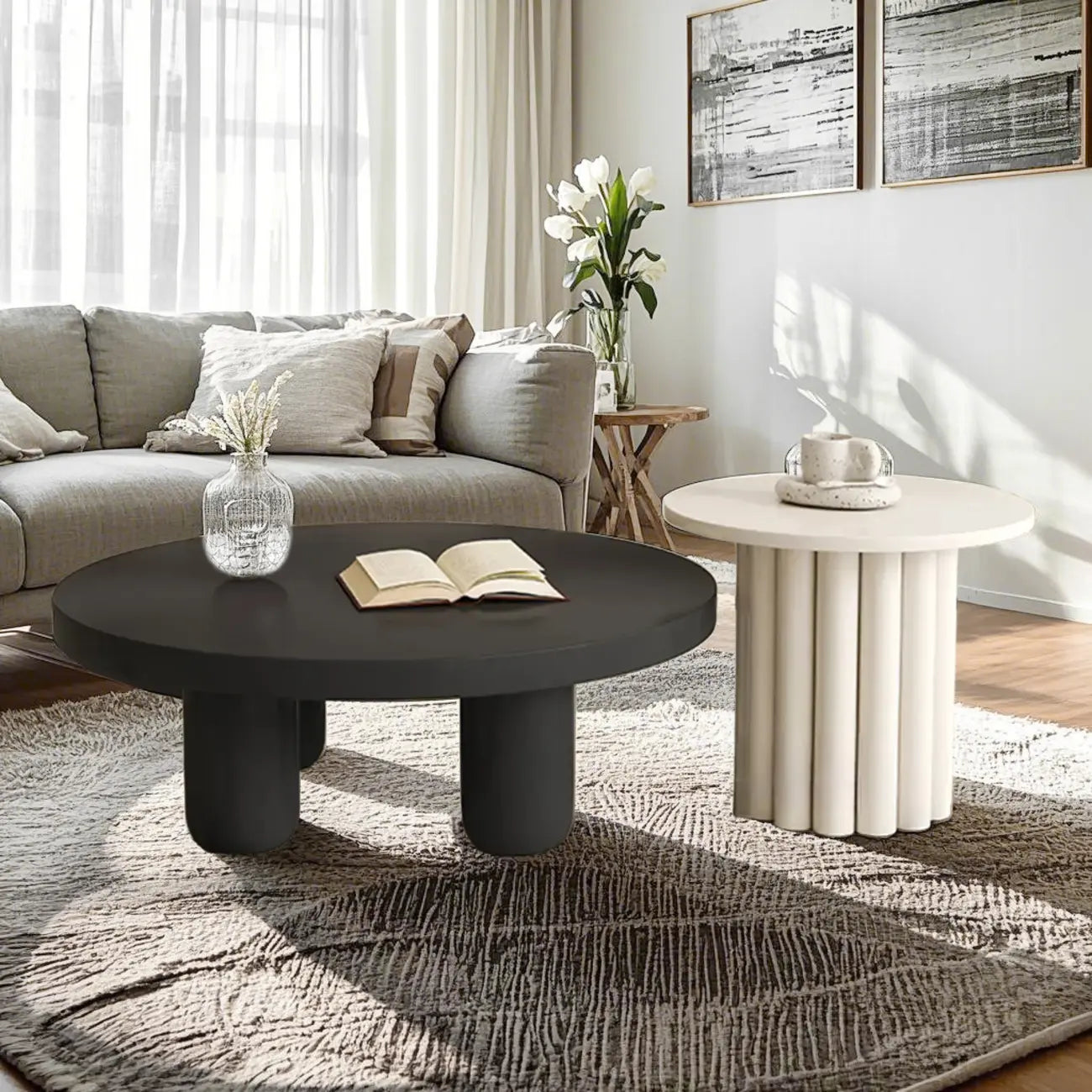 Table basse ronde minimaliste en bois noir et blanc