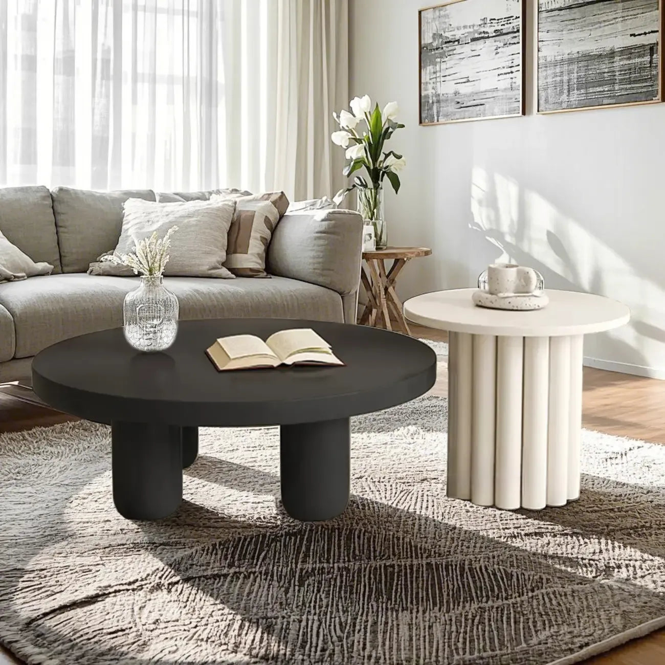 Table basse ronde minimaliste en bois noir et blanc