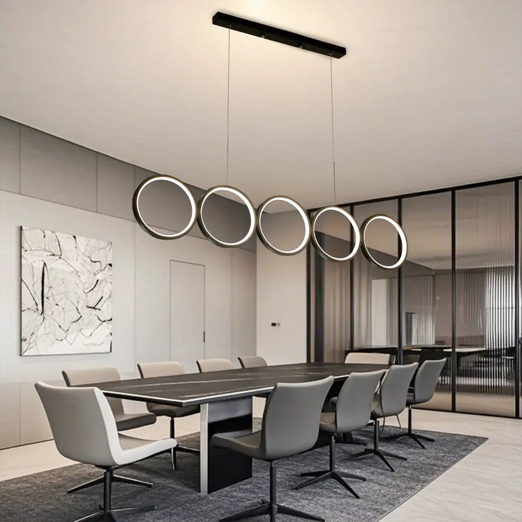 Suspension moderne à 5 lumières, grand anneau noir, pour îlot central