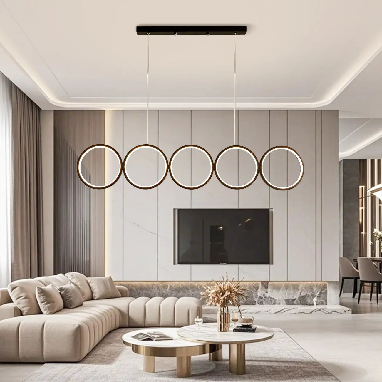 Suspension moderne à 5 lumières, grand anneau noir, pour îlot central