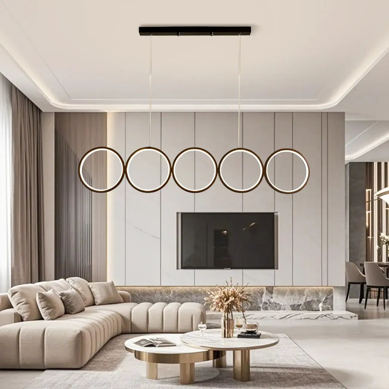 Suspension moderne à 5 lumières, grand anneau noir, pour îlot central