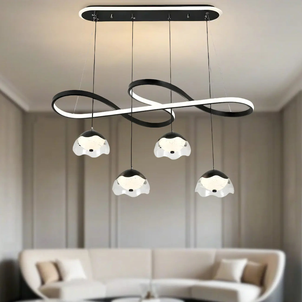 Suspension réglable à 2 niveaux en métal noir, 6 lumières, à intensité variable