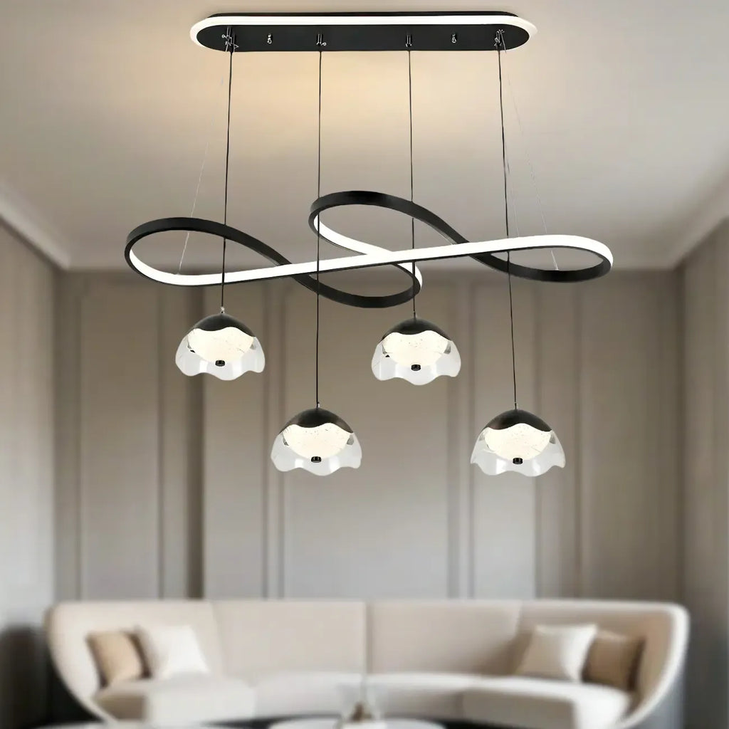 Suspension réglable à 2 niveaux en métal noir, 6 lumières, à intensité variable