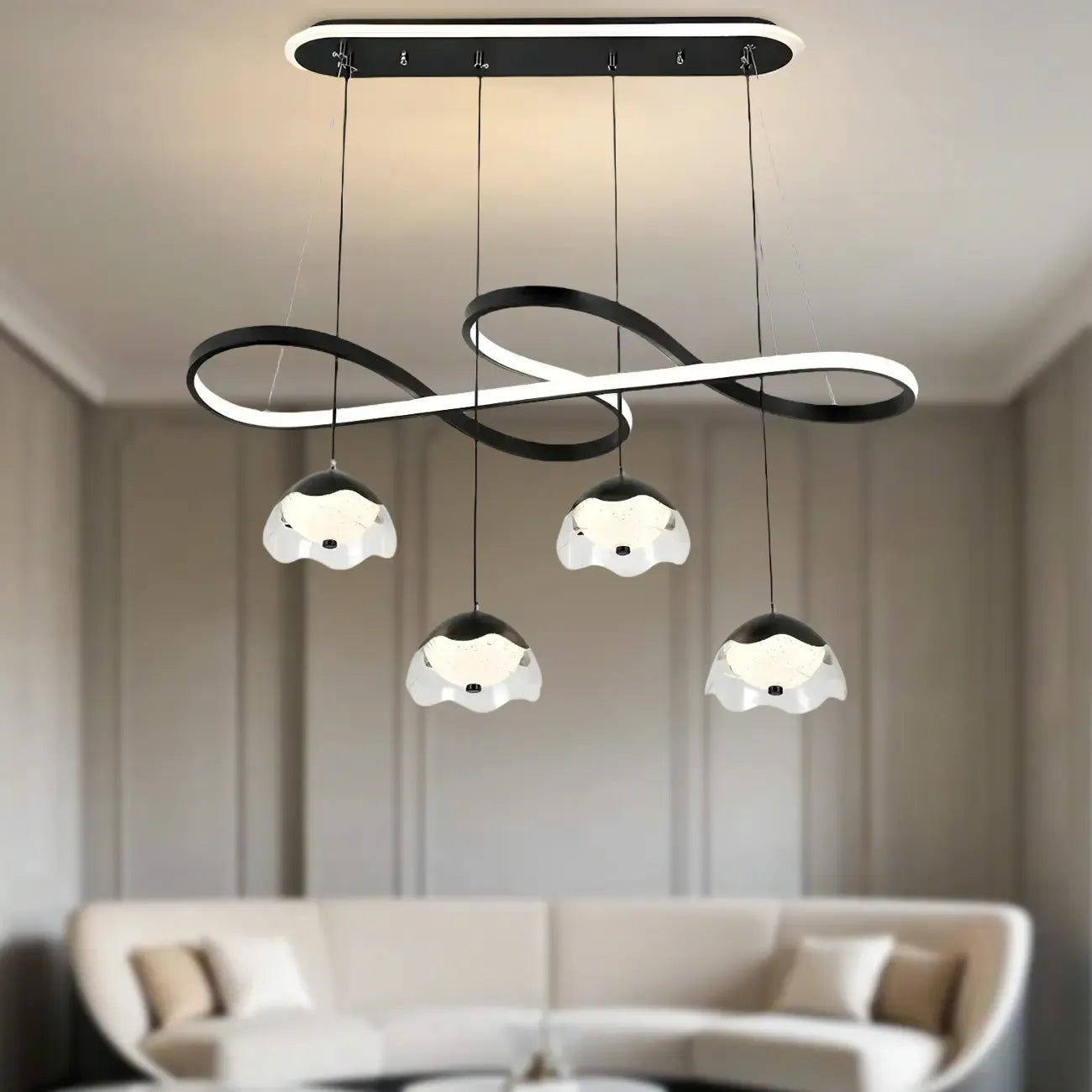 Suspension réglable à 2 niveaux en métal noir, 6 lumières, à intensité variable