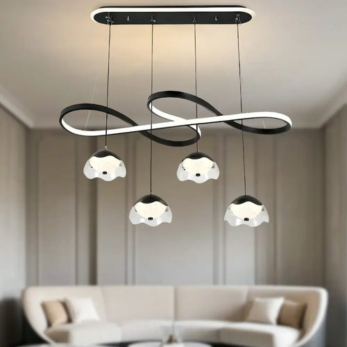 Suspension réglable à 2 niveaux en métal noir, 6 lumières, à intensité variable