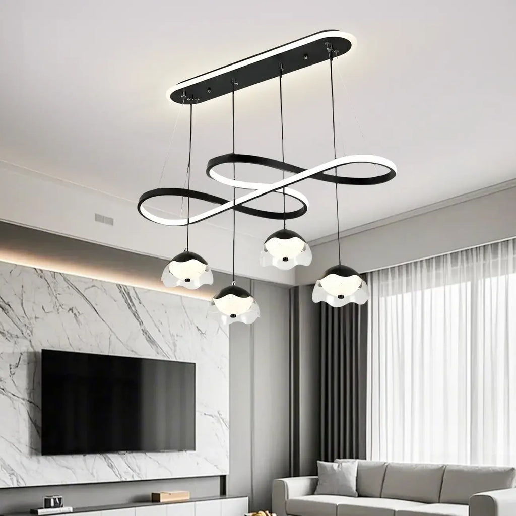 Suspension réglable à 2 niveaux en métal noir, 6 lumières, à intensité variable