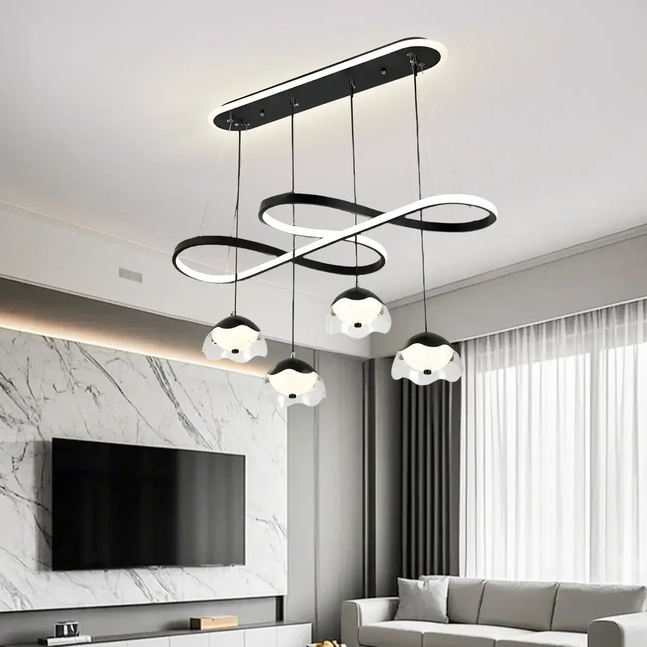 Suspension réglable à 2 niveaux en métal noir, 6 lumières, à intensité variable