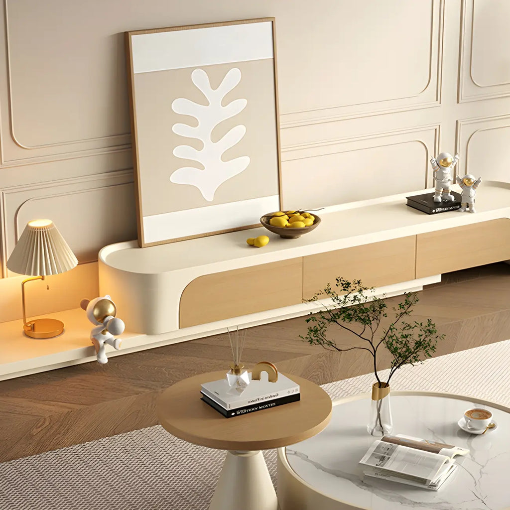 Meuble TV en bois beige nordique avec rangement ouvert pour la maison