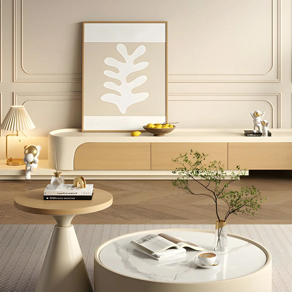 Meuble TV en bois beige nordique avec rangement ouvert pour la maison