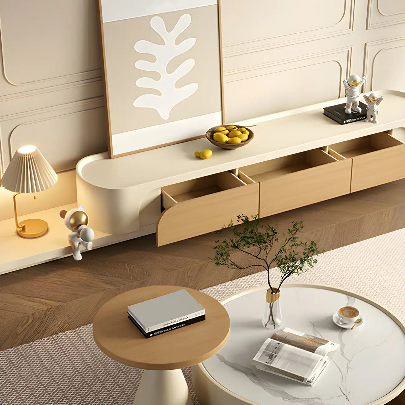 Meuble TV en bois beige nordique avec rangement ouvert pour la maison