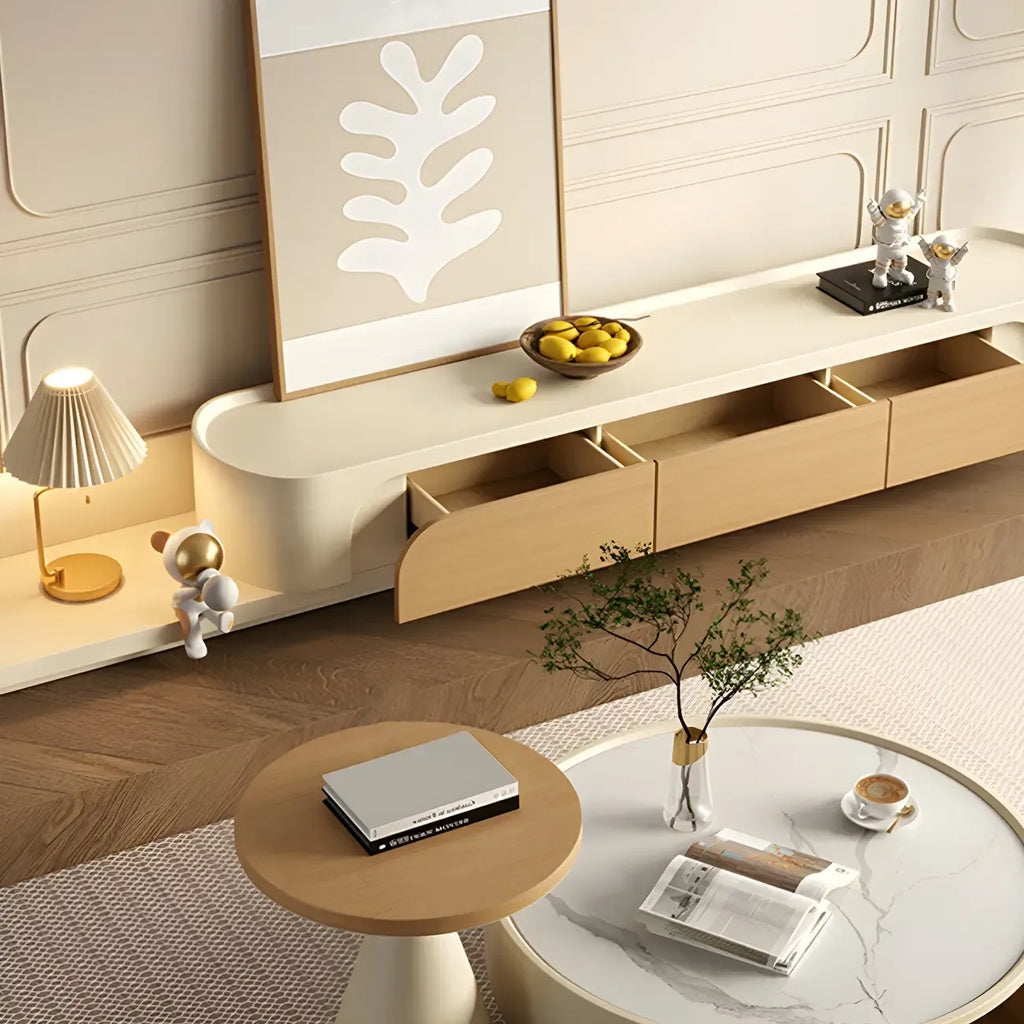 Meuble TV en bois beige nordique avec rangement ouvert pour la maison