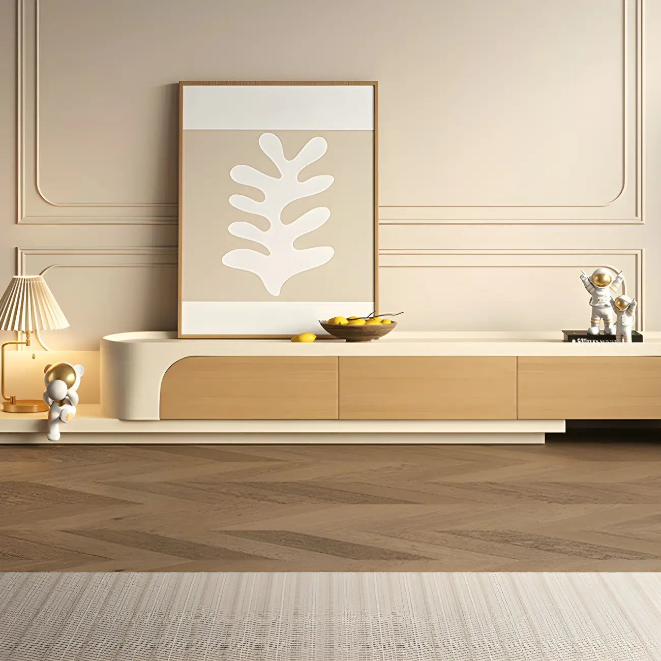 Meuble TV en bois beige nordique avec rangement ouvert pour la maison