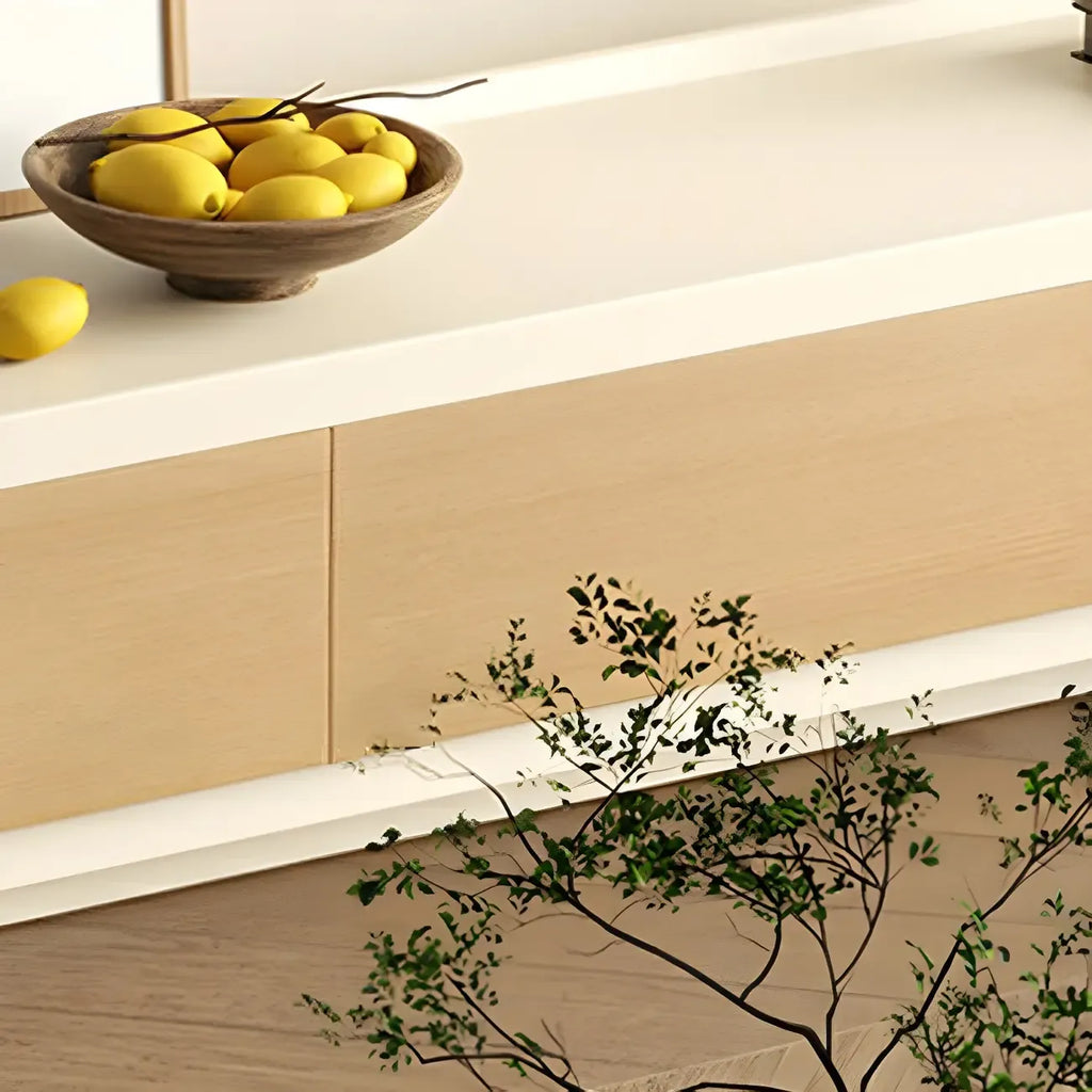 Meuble TV en bois beige nordique avec rangement ouvert pour la maison