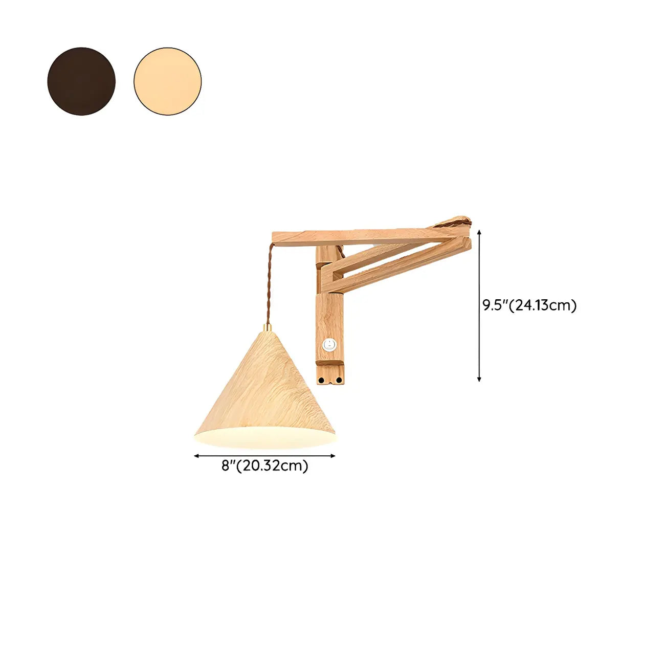 Applique murale à bras articulé avec abat-jour conique en bois