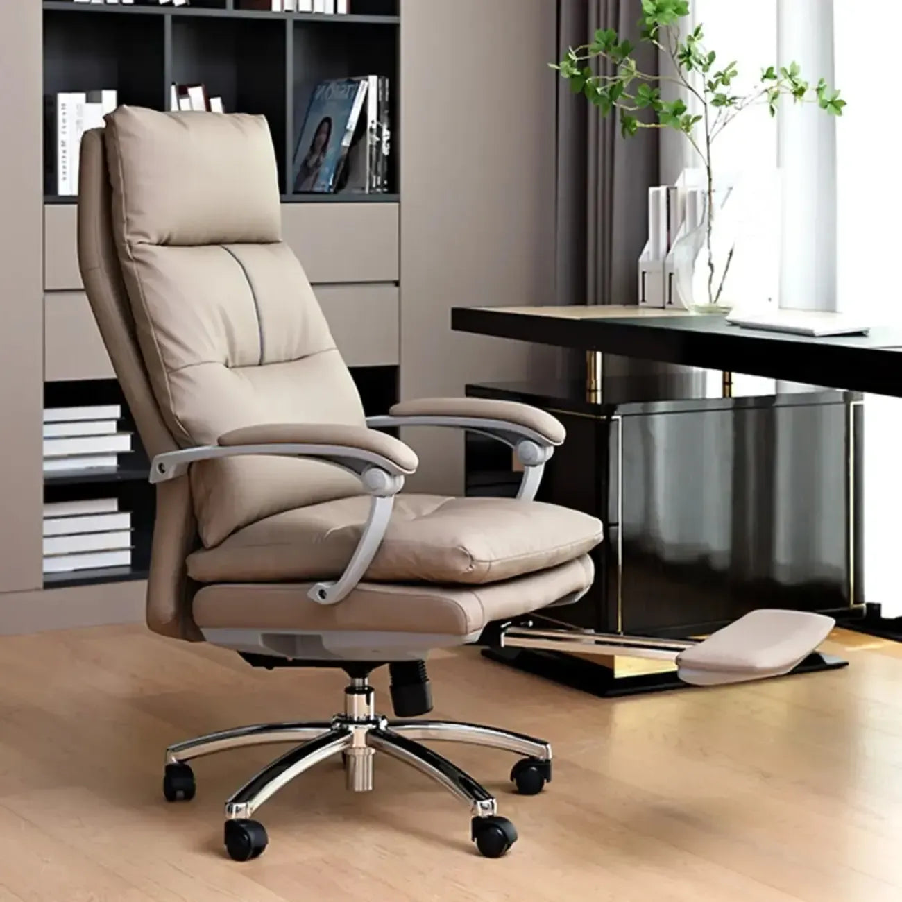 Fauteuil de bureau pivotant réglable en cuir marron rembourré
