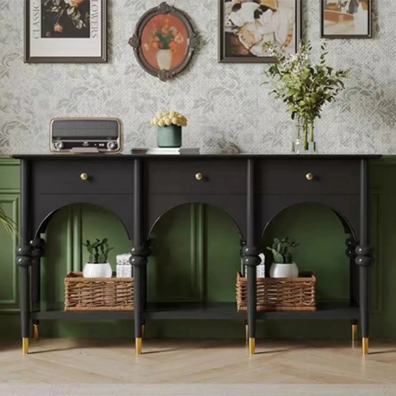 Console rectangulaire en bois noir avec tiroirs