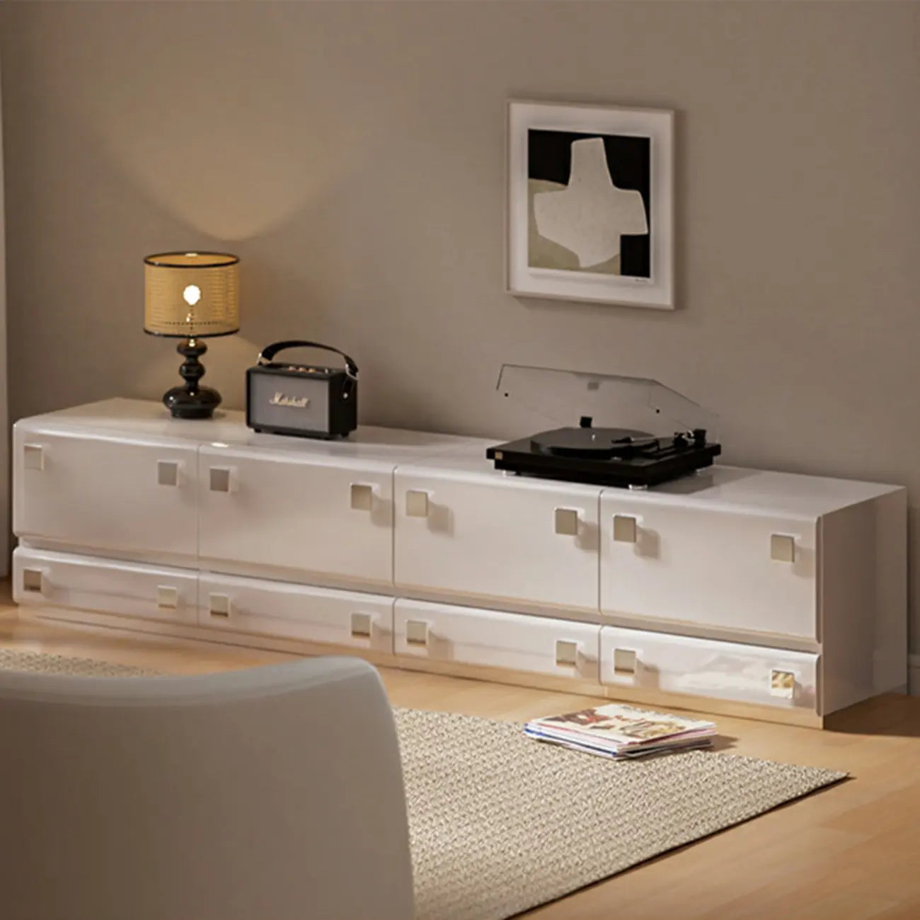 Table de chevet moderne en bois brillant et métal à 2 tiroirs