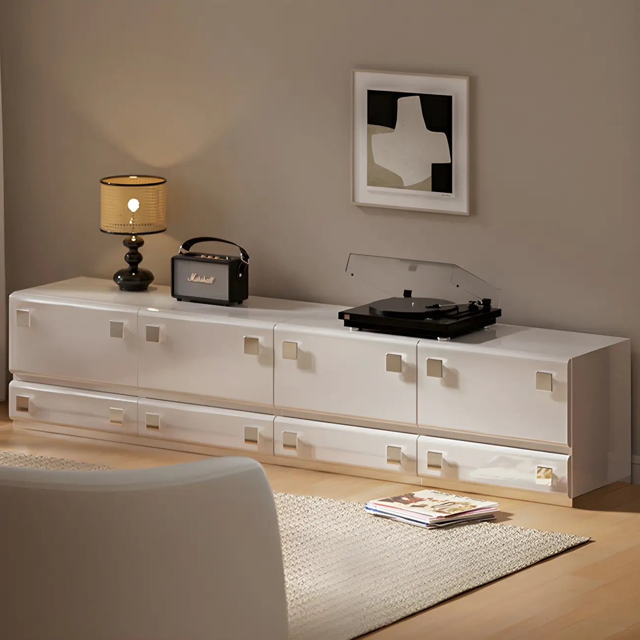 Table de chevet moderne en bois brillant et métal à 2 tiroirs