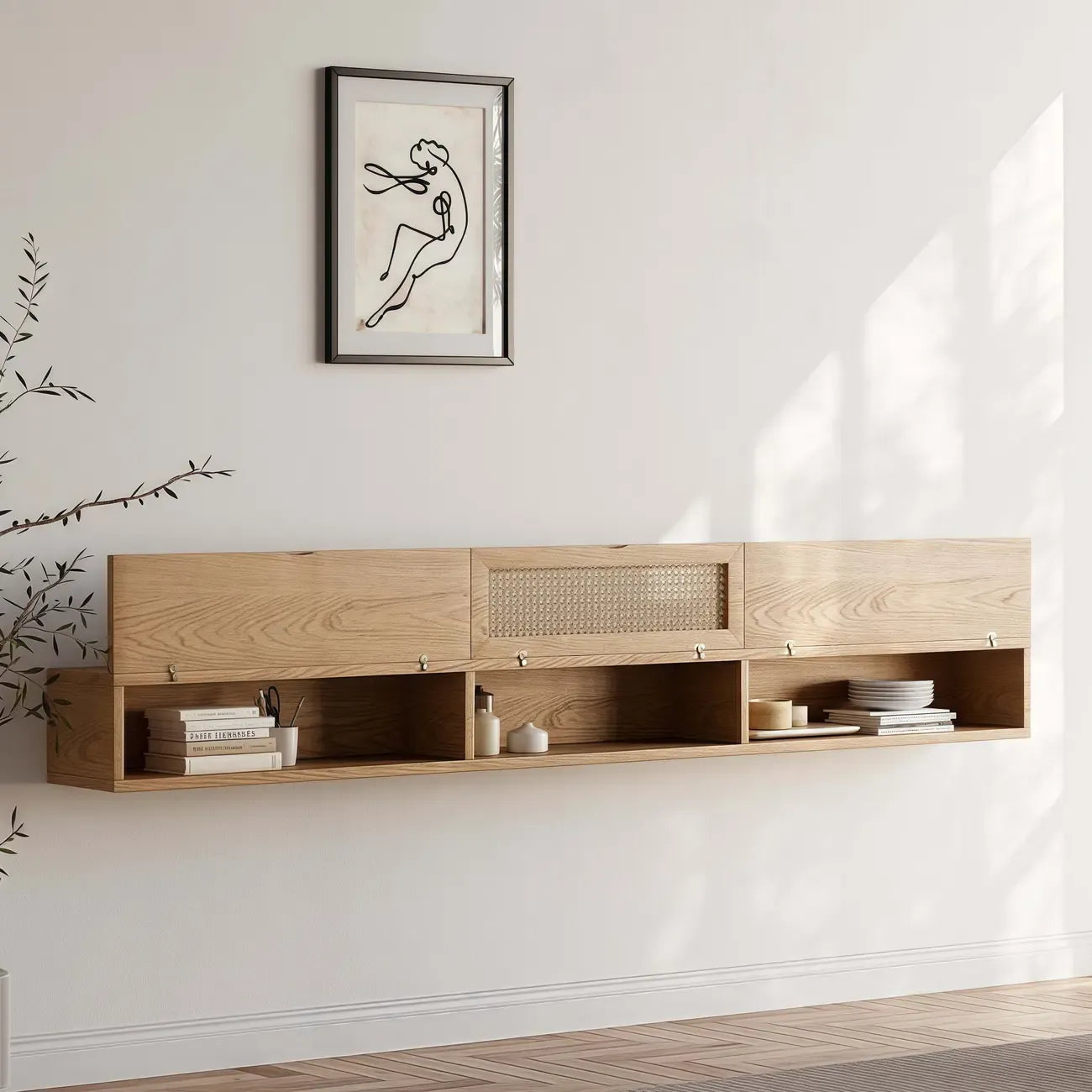 Meuble TV suspendu en rotin relevable et bois de frêne et noyer