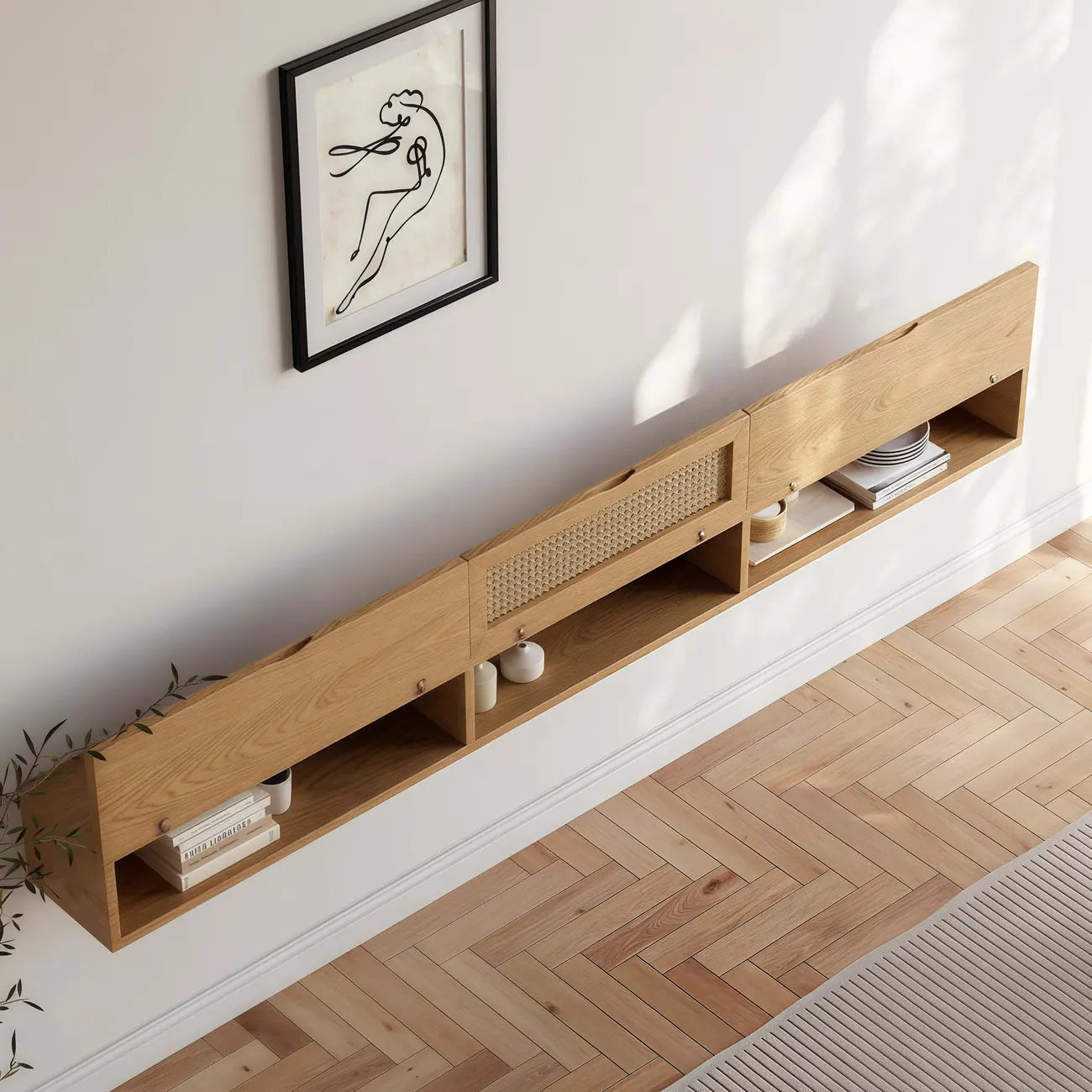 Meuble TV suspendu en rotin relevable et bois de frêne et noyer