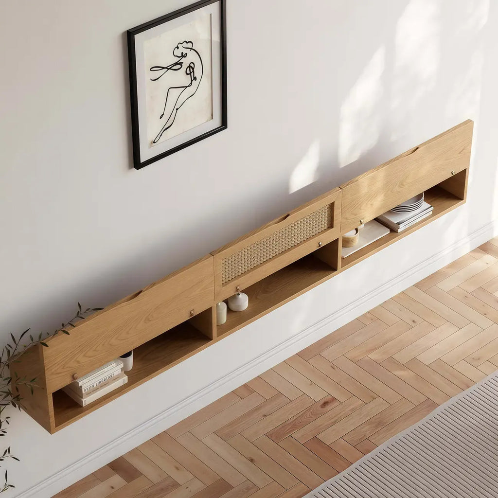 Meuble TV suspendu en rotin relevable et bois de frêne et noyer