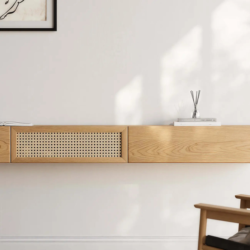 Meuble TV suspendu en rotin relevable et bois de frêne et noyer