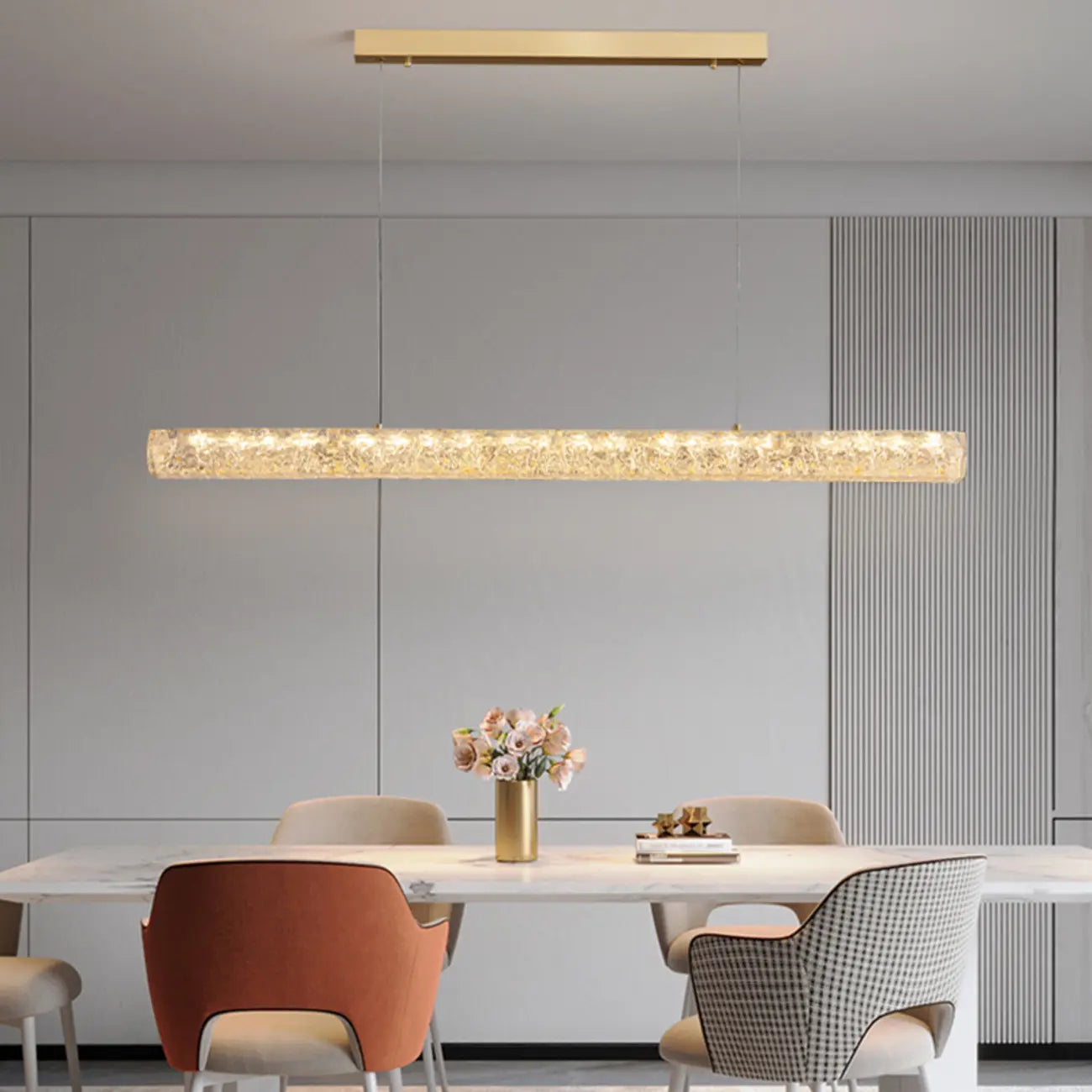 Suspension LED rectangulaire dorée à intensité variable pour îlot de cuisine