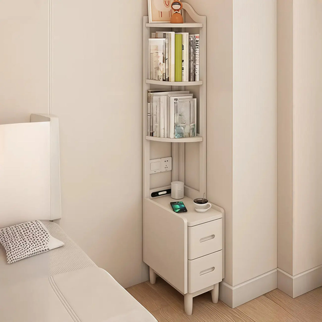 Table de chevet haute en bois avec tiroirs et rangement ouvert