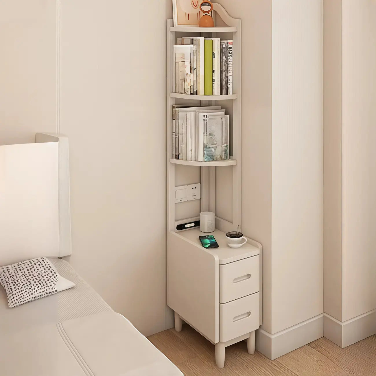 Table de chevet haute en bois avec tiroirs et rangement ouvert