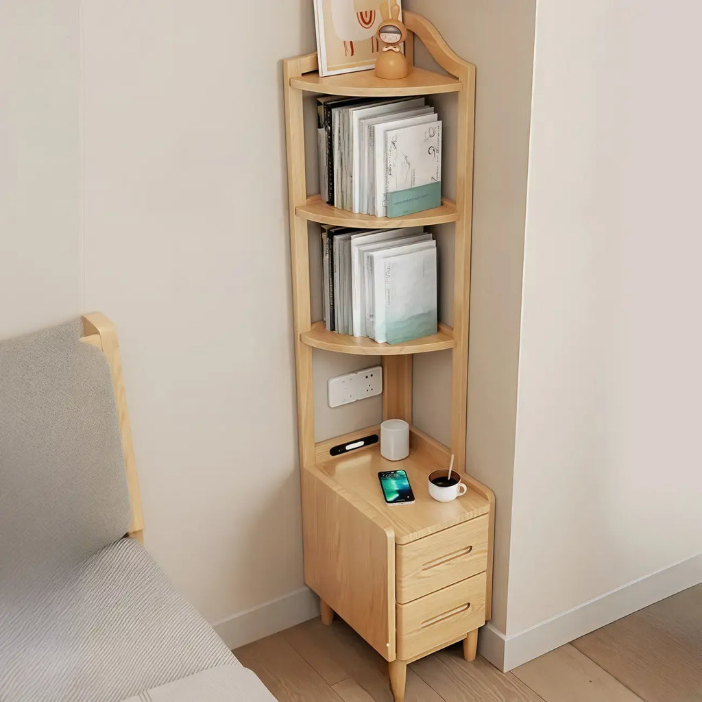 Table de chevet haute en bois avec tiroirs et rangement ouvert