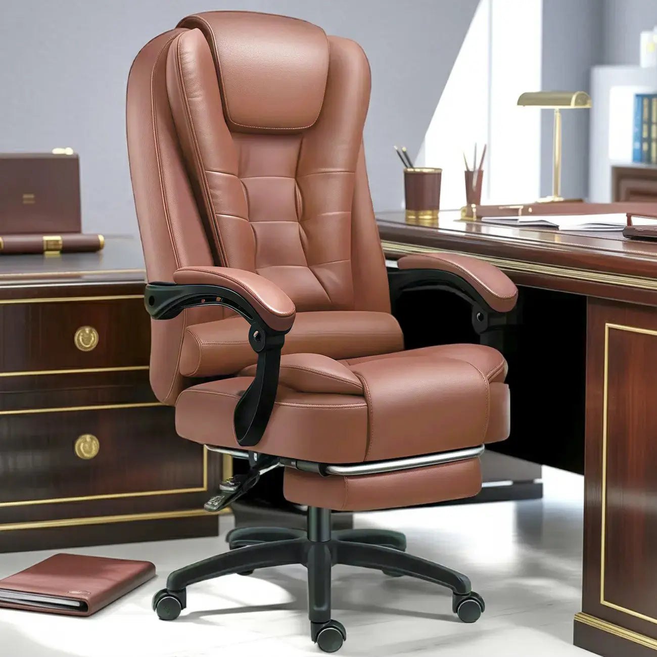 Fauteuil de bureau pivotant ergonomique en cuir noir avec repose-pieds